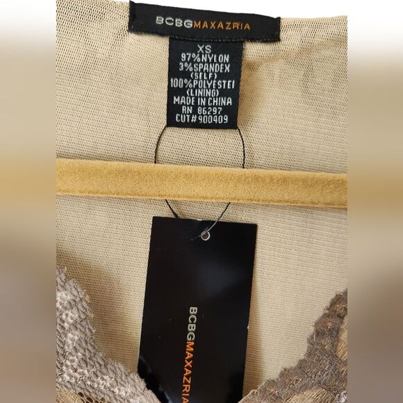 Y2K BCBG Dress‎ Lace Empire 3/4 Sleeve Brown Formal Metallic Fit Flare Short XS - Picture 7 of 11